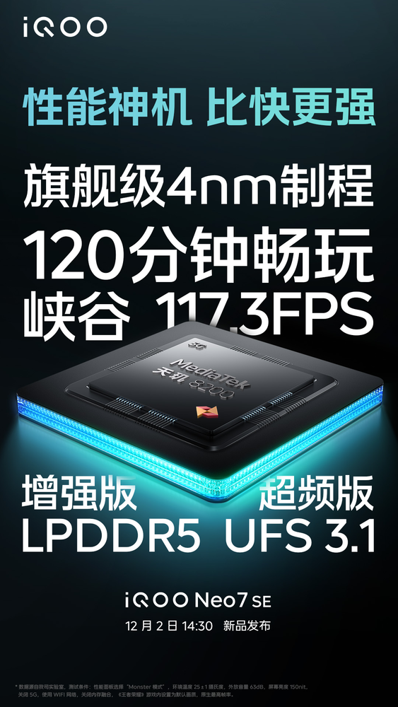 iqoo neo7 se将配备强悍性能铁三角 首发天玑8200